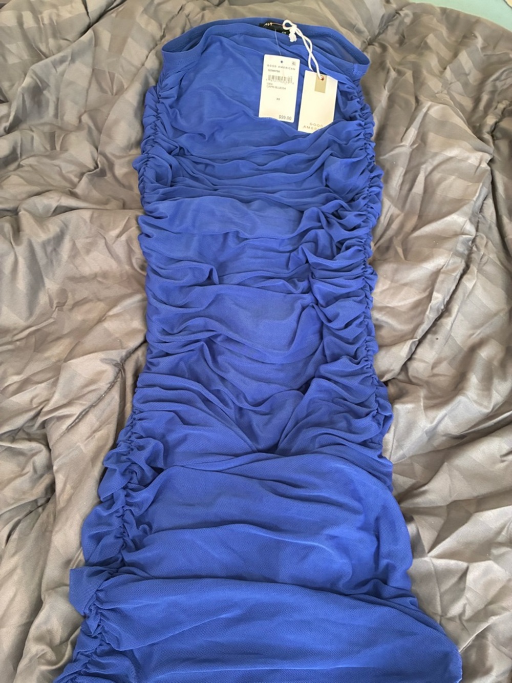 Good American Capri Blue Ruched Strapless Dress